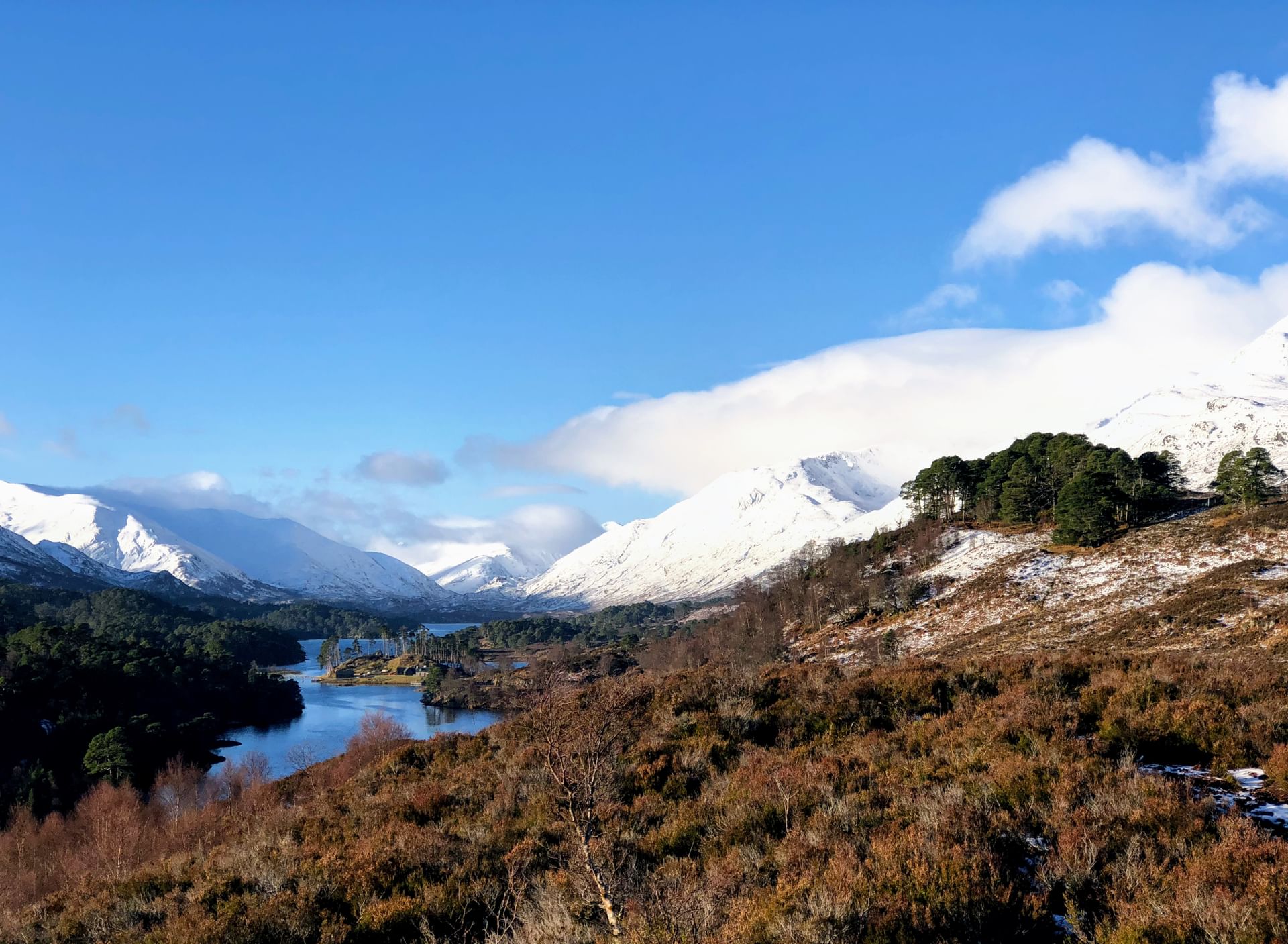 Snow capped mountains at Glen affric